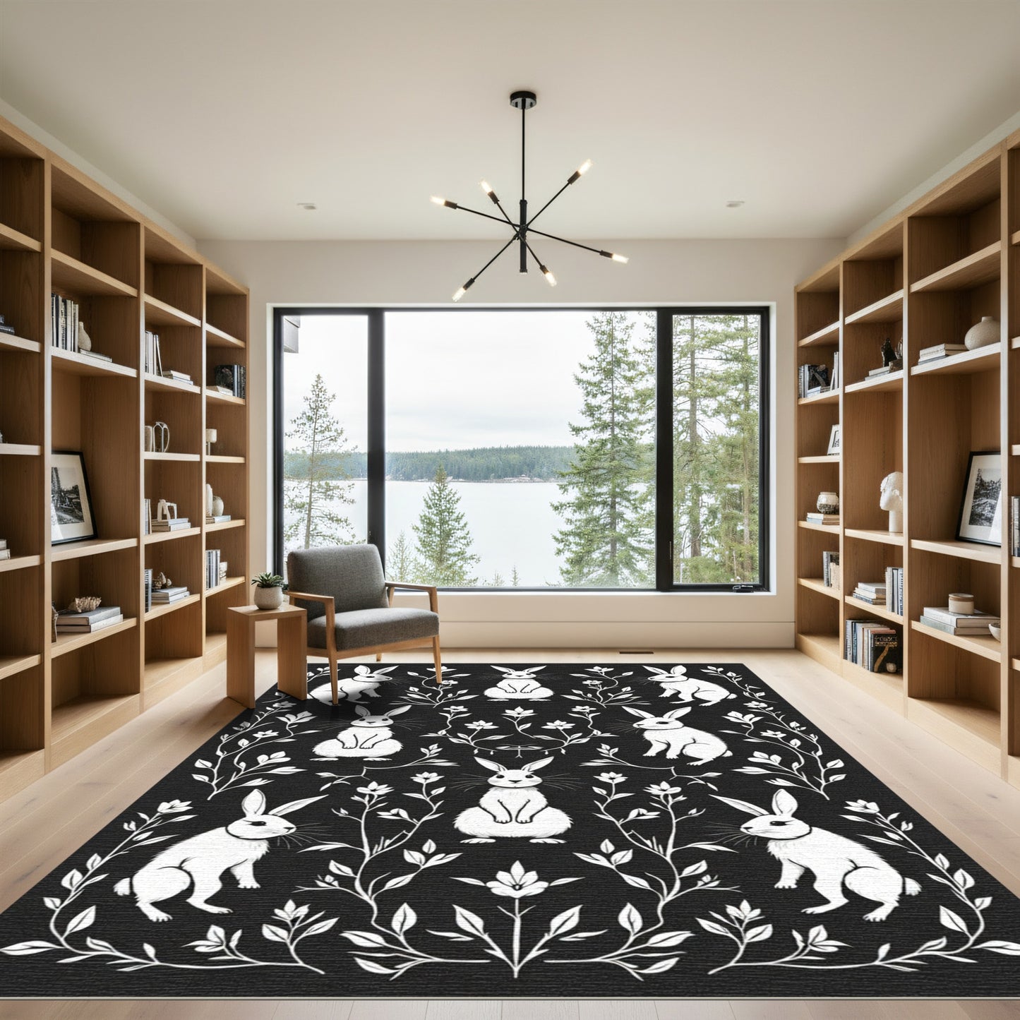White Bunny Floral Black Statement Rug