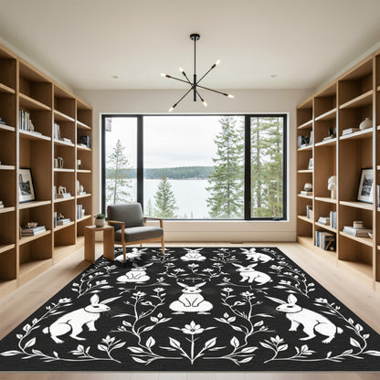 White Bunny Floral Black Statement Rug