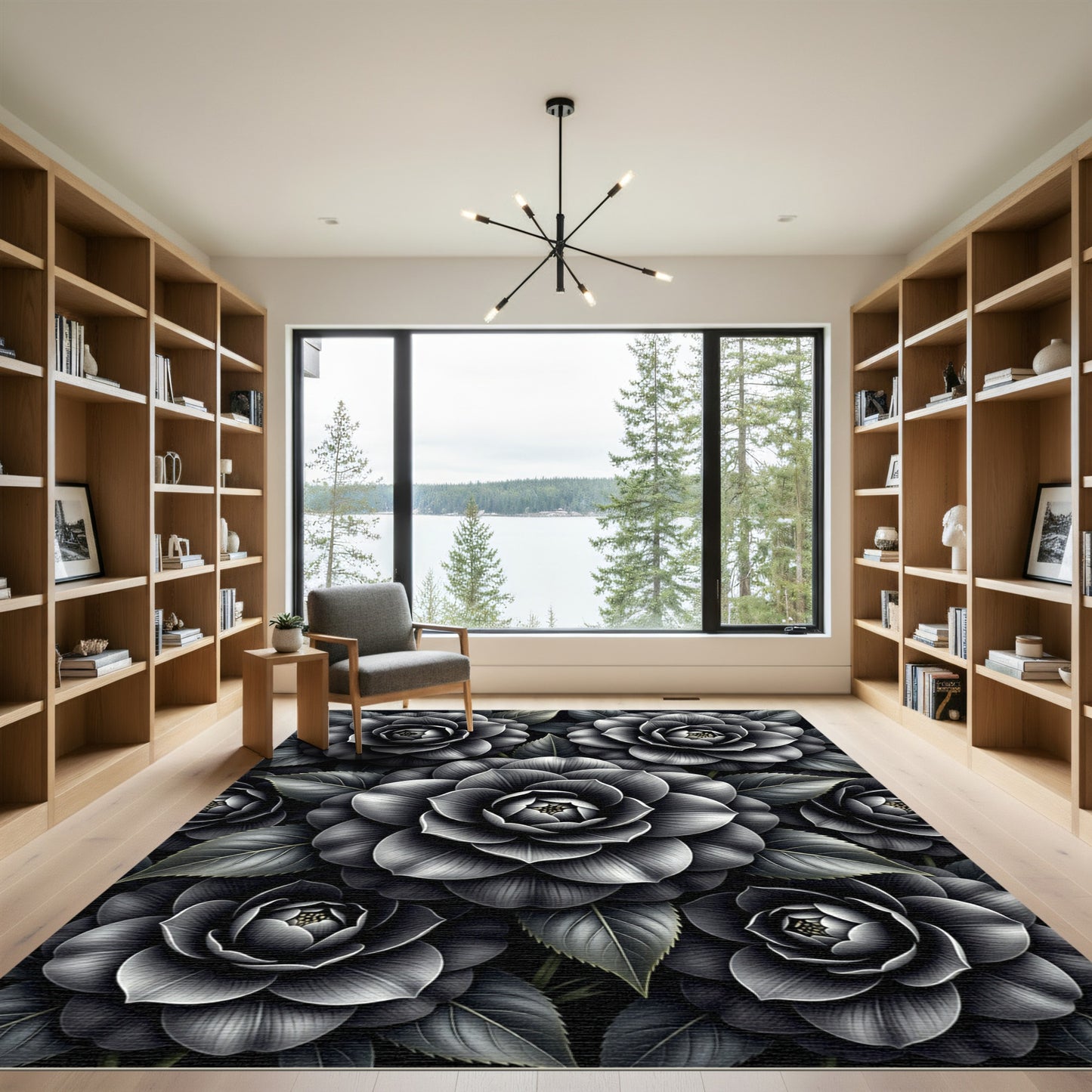 Monochromatic Gray Floral Petal Arrangement Rug