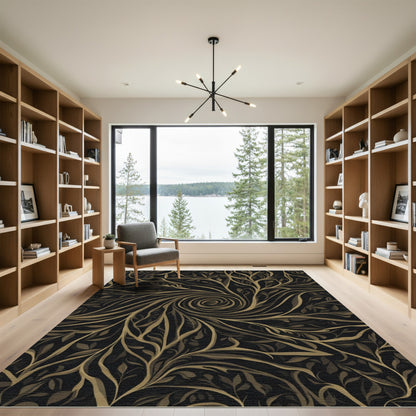 Dark Golden Swirling Botanical Vine Rug