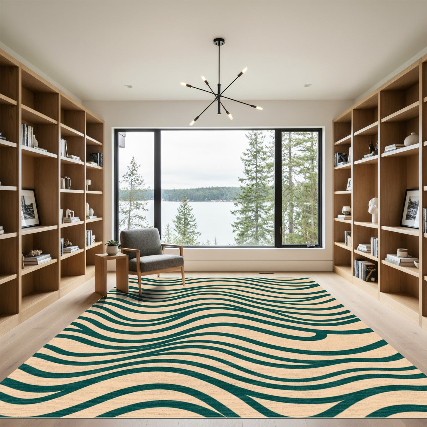 Teal Wave Abstract On Cream Rug
