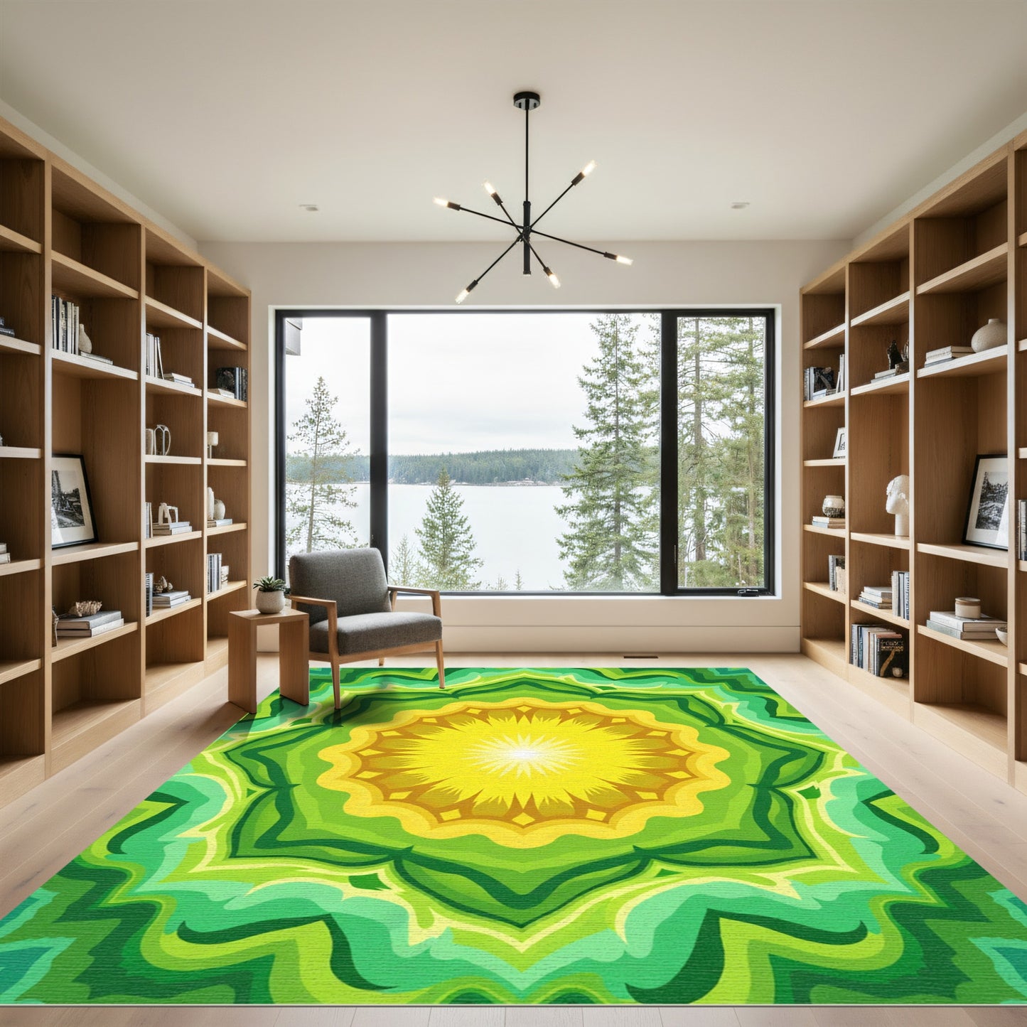 Radiant Yellow Green Sunburst Mandala Rug
