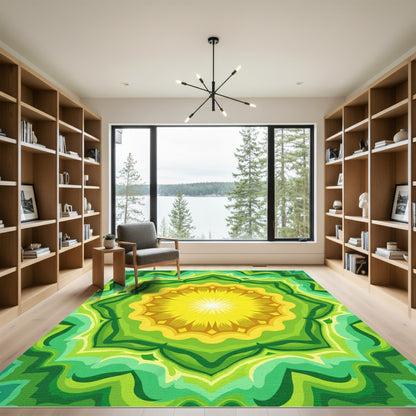 Radiant Yellow Green Sunburst Mandala Rug