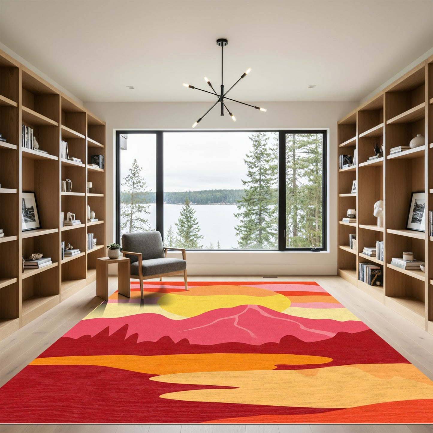 Vibrant Sunset Mountain Lake Landscape Rug