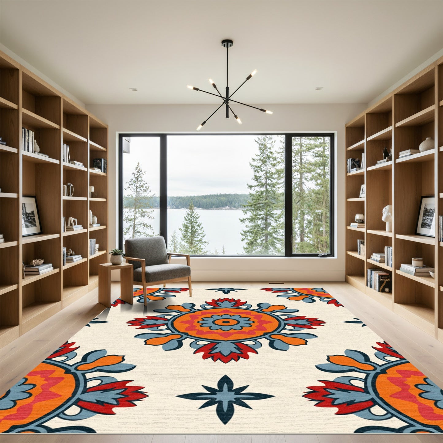 Bright Orange Red Blue Medallion Rug