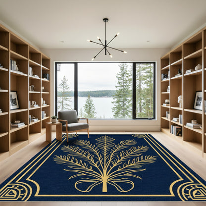 Gold Feathery Branch Midnight Frame Rug