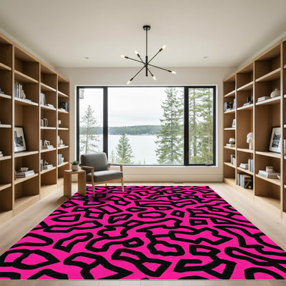 Hot Pink Black Abstract Jagged Shapes Rug
