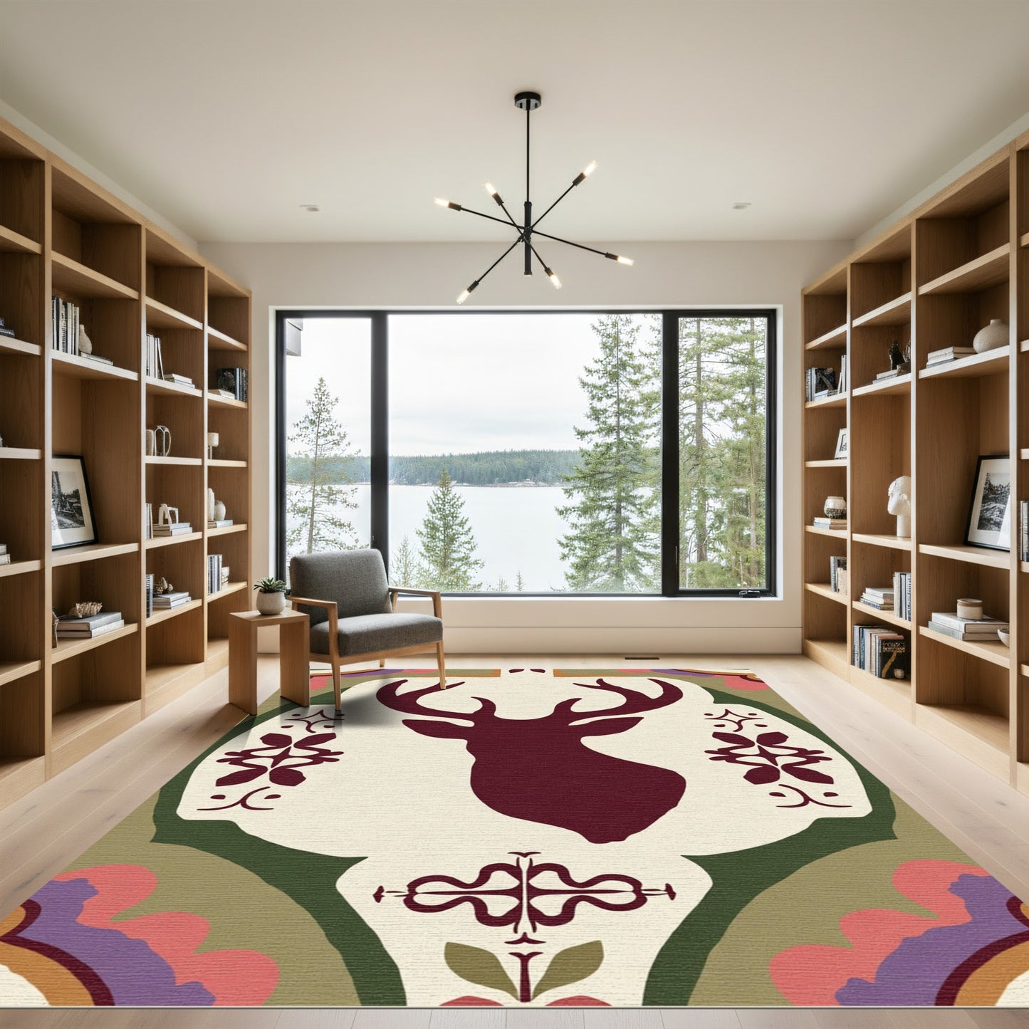 Deep Red Deer Head Motif Rug