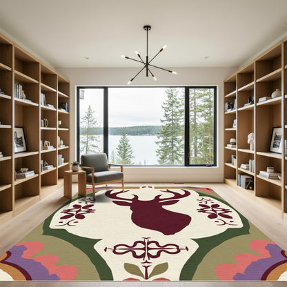 Deep Red Deer Head Motif Rug