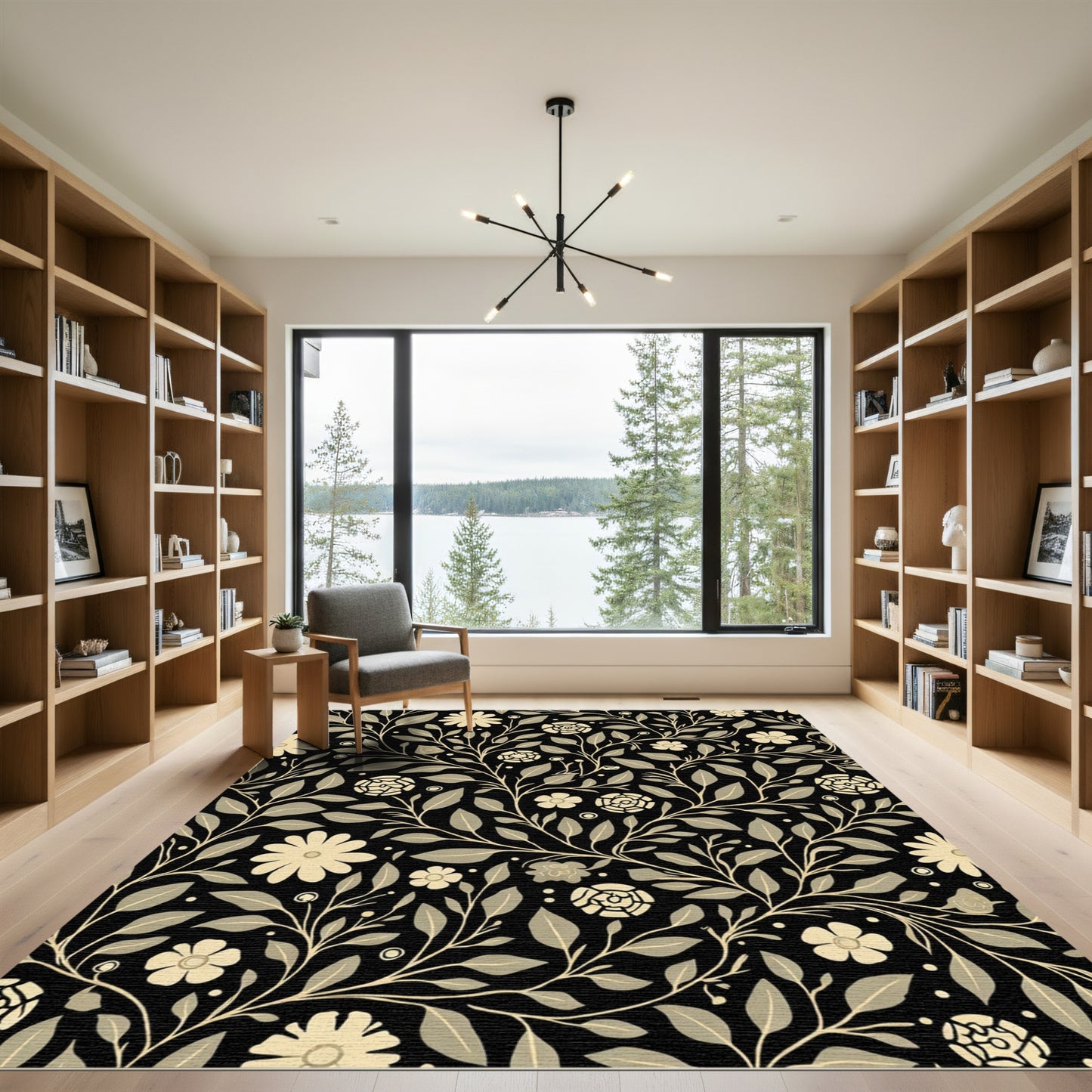 Black Floral Vine Garden Rug