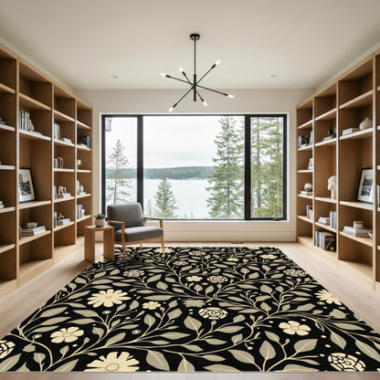 Black Floral Vine Garden Rug