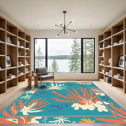 Teal Coral Burst Floral Abstraction Rug