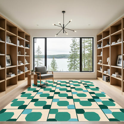 Teal Green Octagon Square Grid Rug