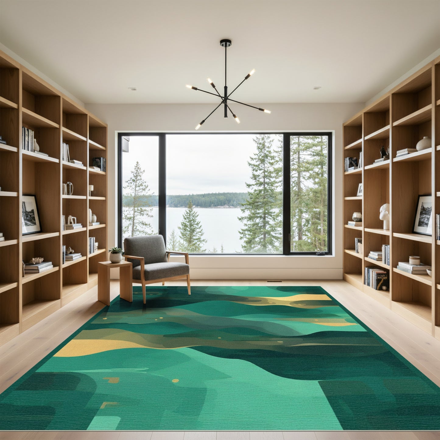 Teal Gold Abstract Landscape Waves Rug