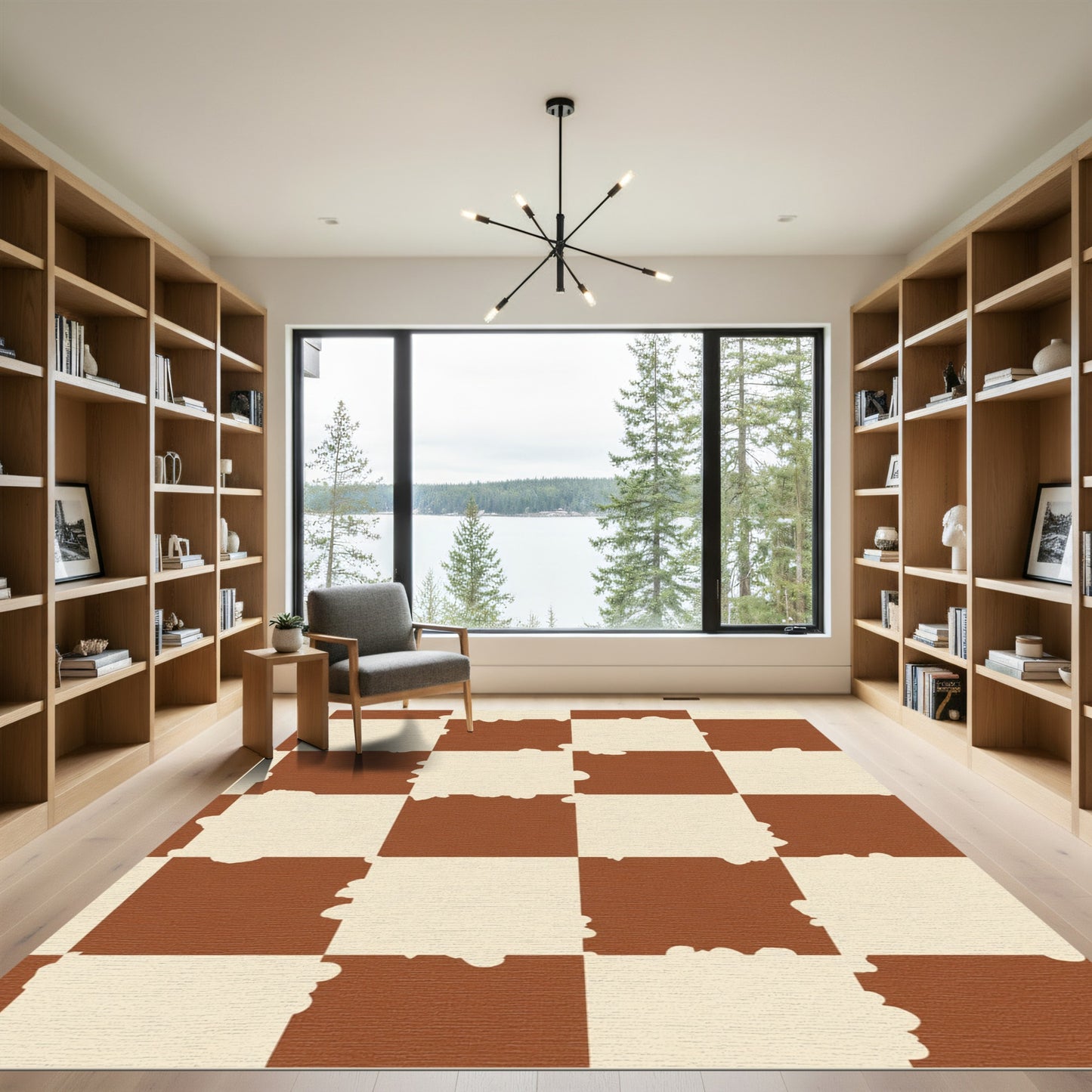 Brown Ivory Distressed Checkerboard Rug