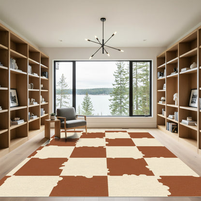 Brown Ivory Distressed Checkerboard Rug