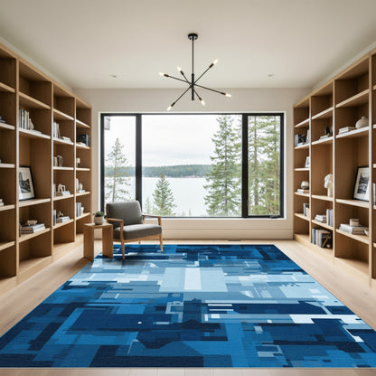 Cool Blue Abstract Geometric Blocks Rug