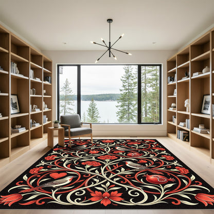 Crimson Birds Pomegranate Floral Garland Rug