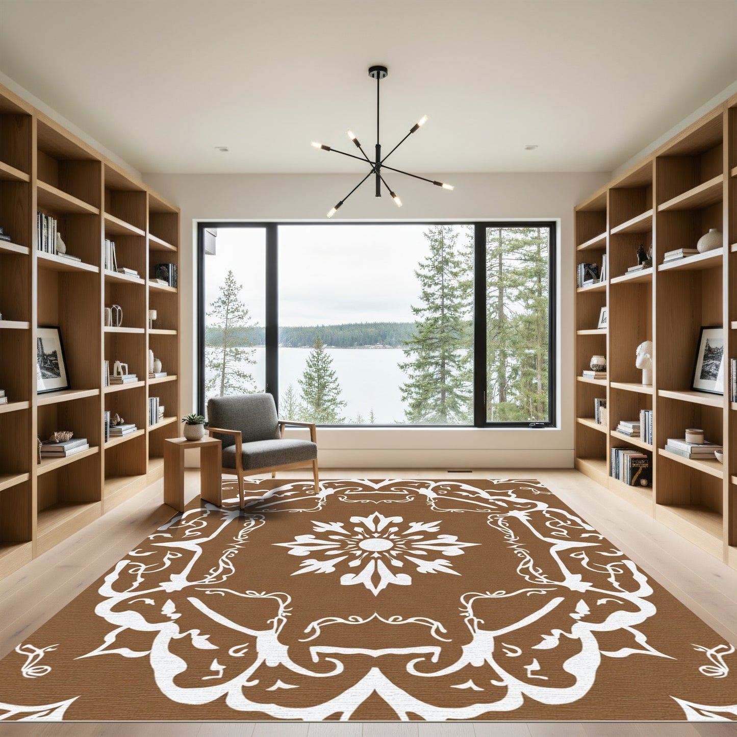 Brown White Floral Mandala Rug