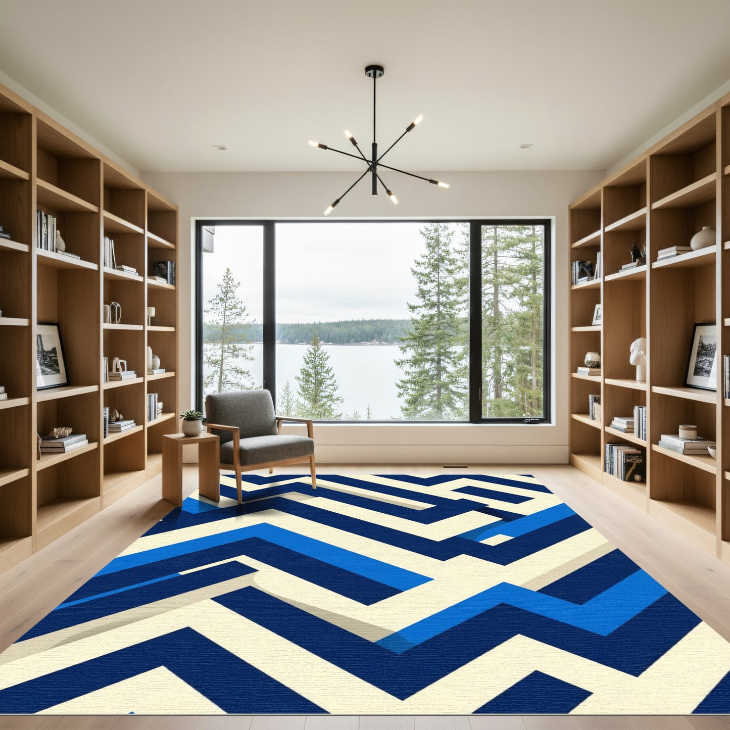Geometric Maze Navy Blue Cream Rug