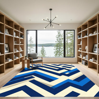 Geometric Maze Navy Blue Cream Rug