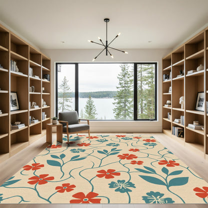 Red Teal Floral Vine Art Rug