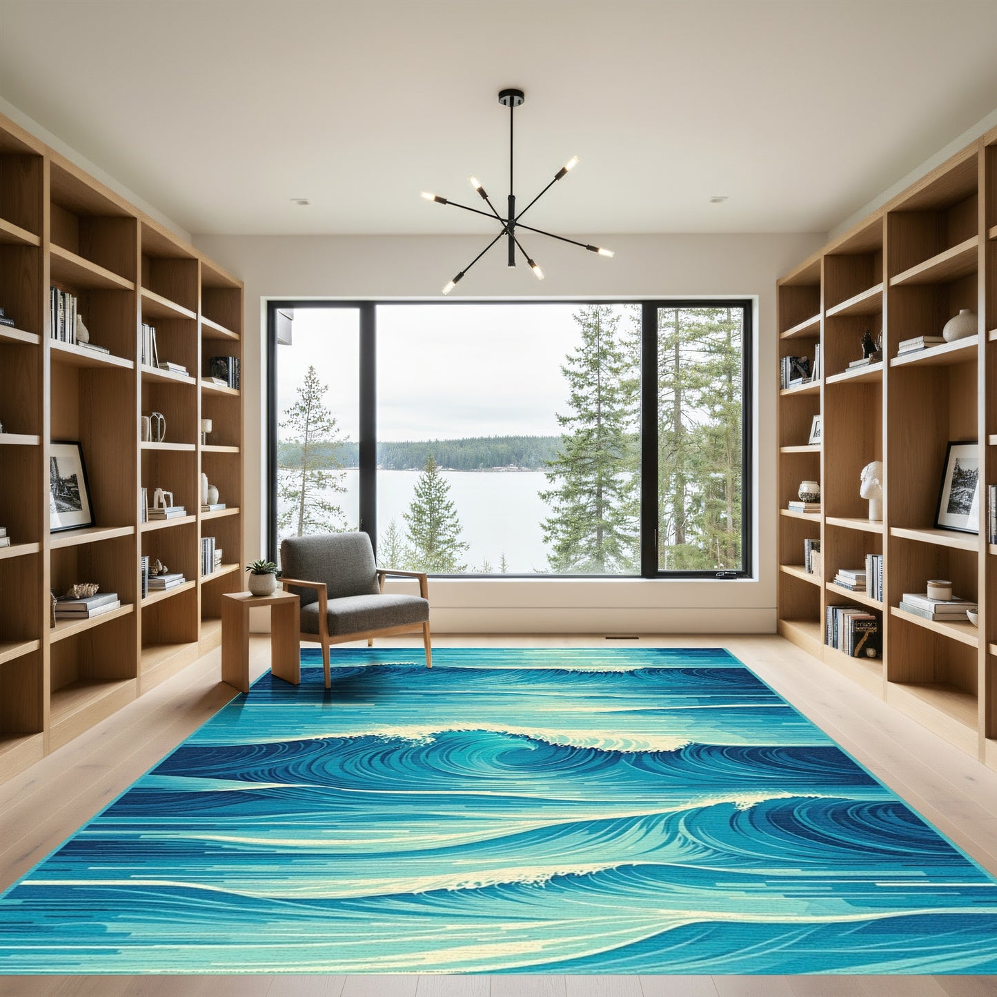 Teal Abstract Curling Waves Rug