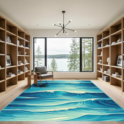 Teal Abstract Curling Waves Rug