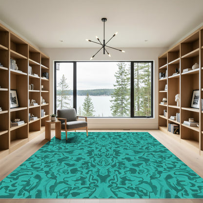 Teal Abstract Swirling Damask Rug