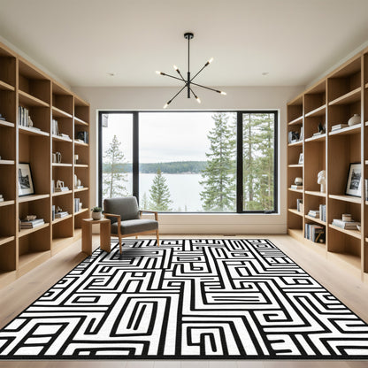 Black White Abstract Line Labyrinth Rug