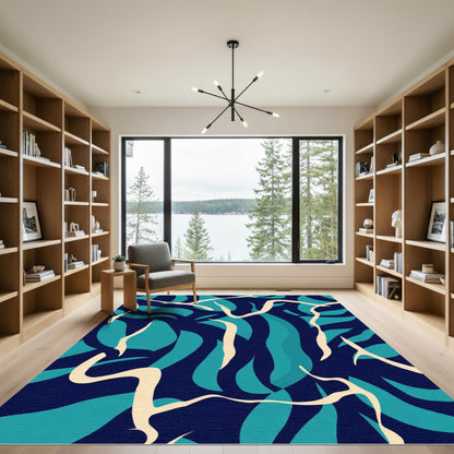 Deep Navy Aqua Wavy Abstract Rug