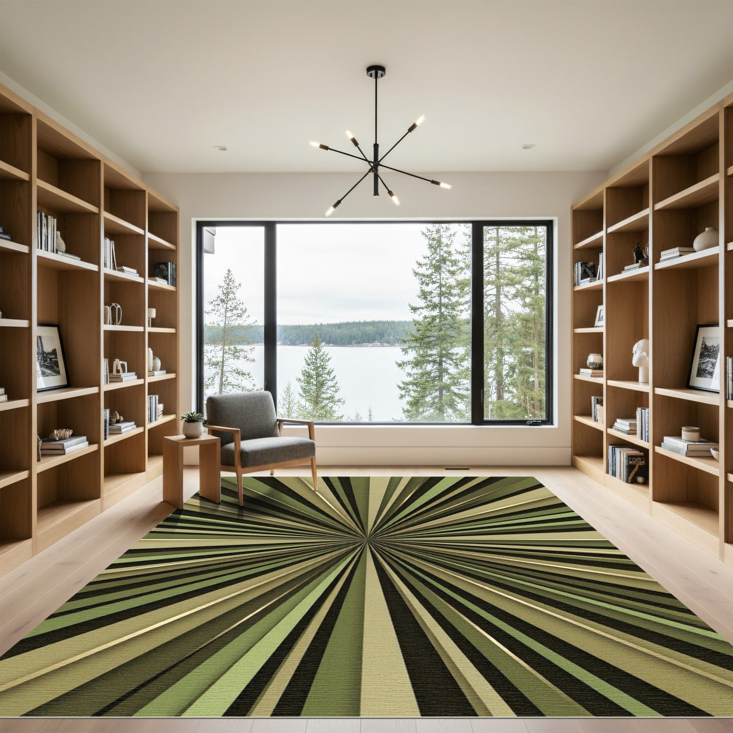 Olive Green Sunburst Radiating Lines Rug