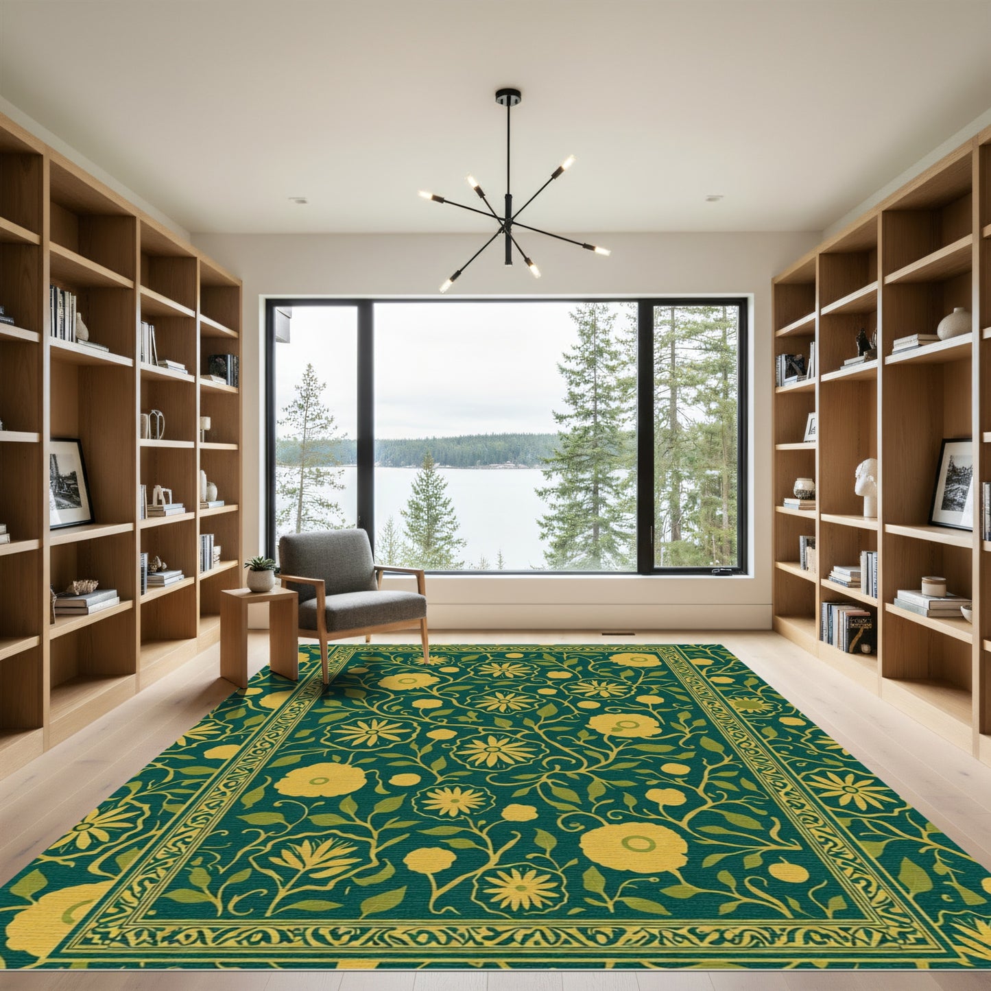 Golden Yellow Floral Vine Border Rug