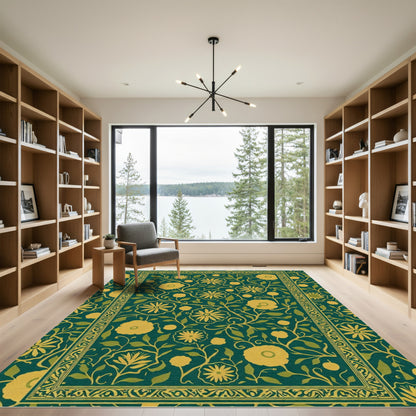 Golden Yellow Floral Vine Border Rug