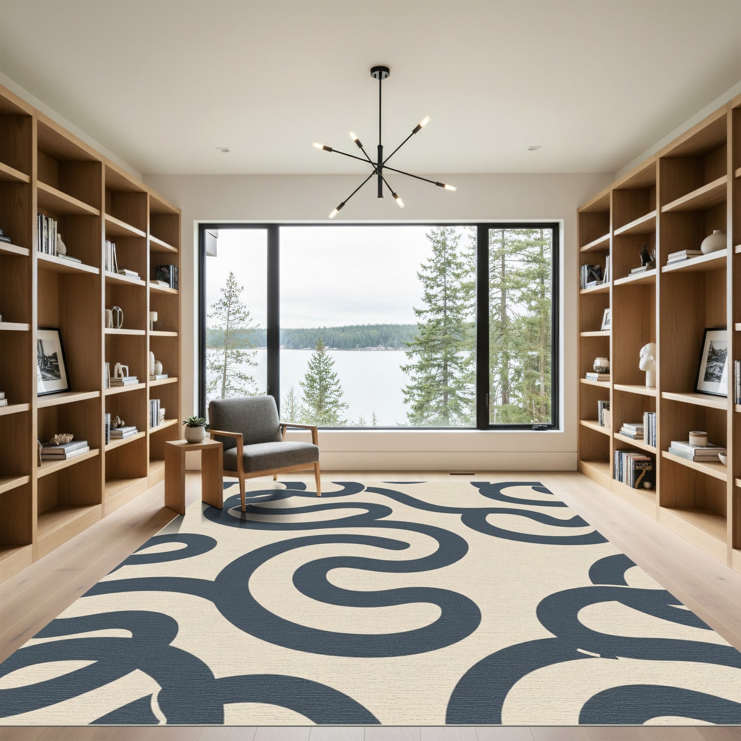 Navy Swirl Cream Modern Abstract Rug