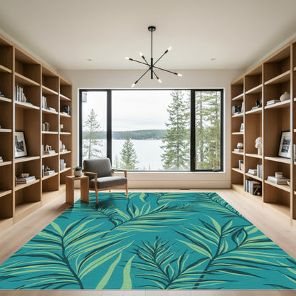 Aqua Teal Palm Leaf Pattern Rug
