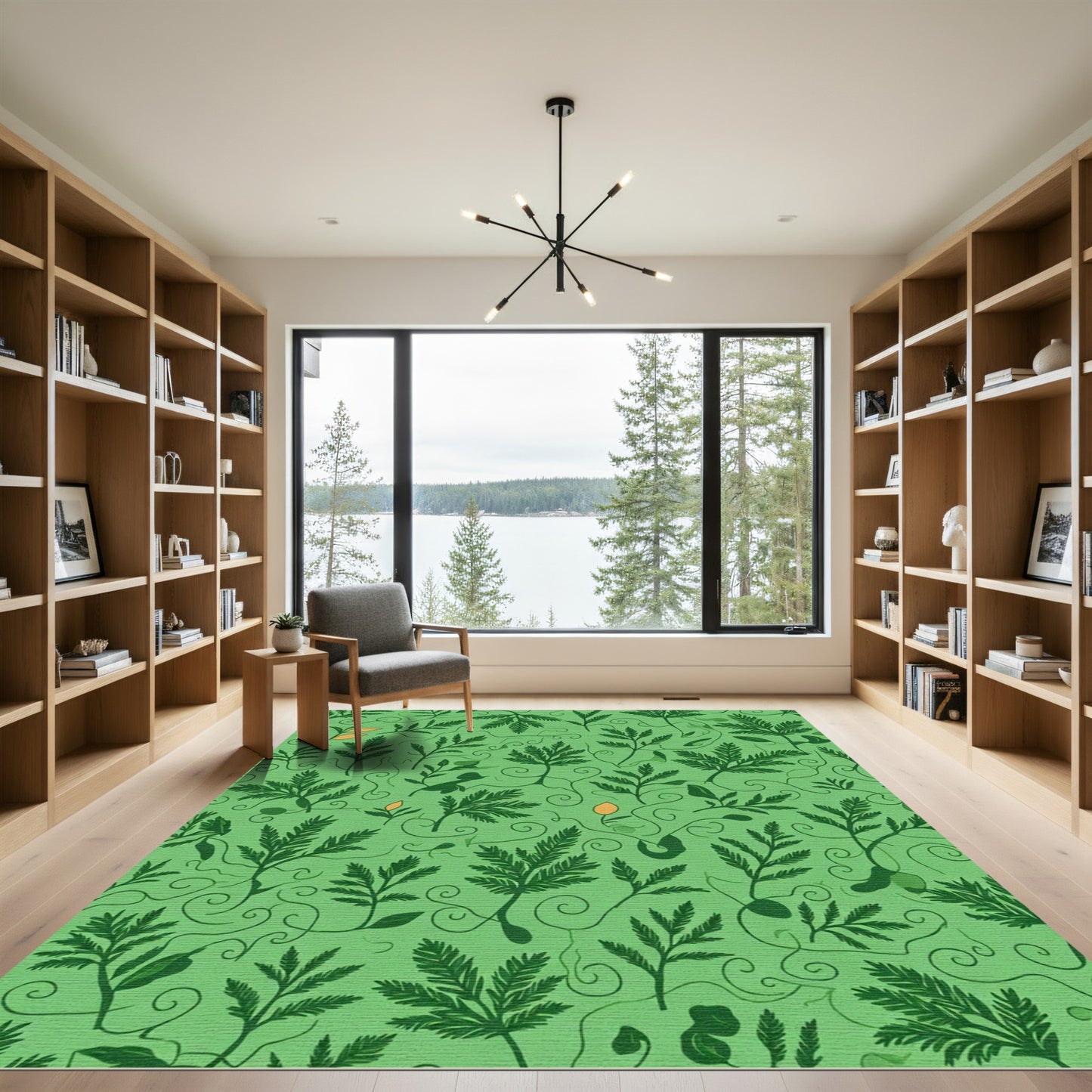 Green Fern Leaf Swirl Nature Rug