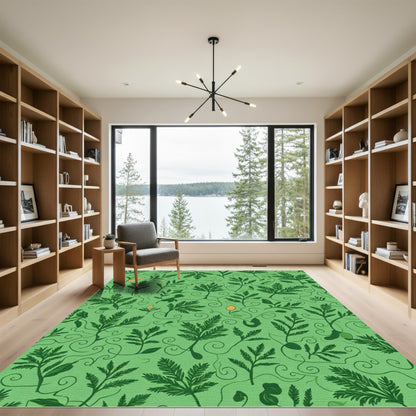 Green Fern Leaf Swirl Nature Rug