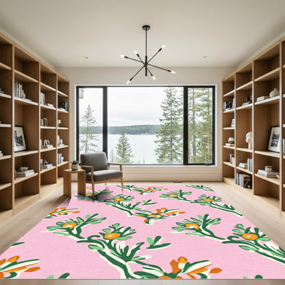 Pink Coral Green Branch Citrus Rug