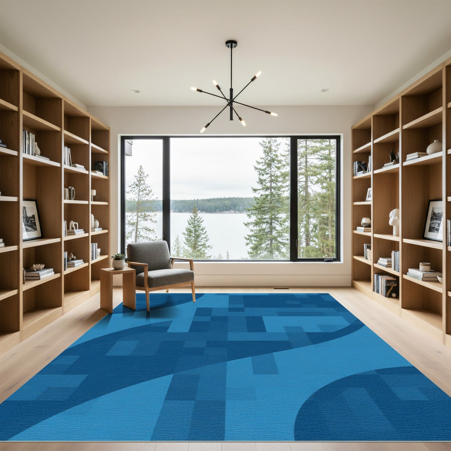 Deep Blue Pixelated Geometric Curve Rug