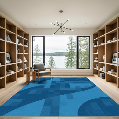 Deep Blue Pixelated Geometric Curve Rug