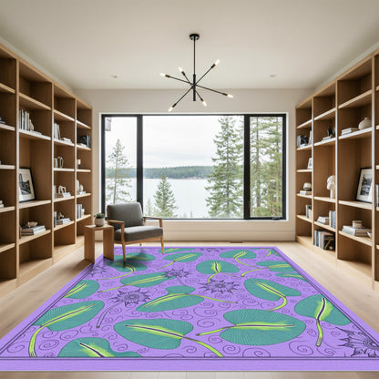 Purple Green Leaf Swirl Botanical Abstraction Rug