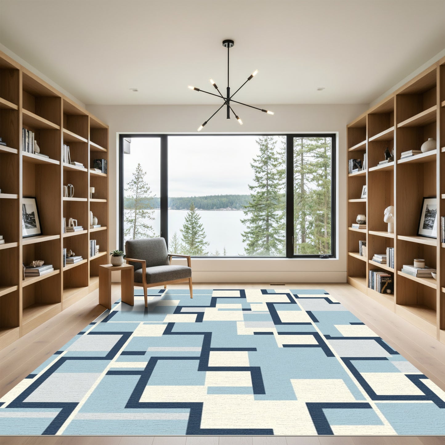 Navy Blue Geometric Layered Square Rug