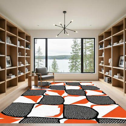 Bold Orange Black White Checkered Squares Rug