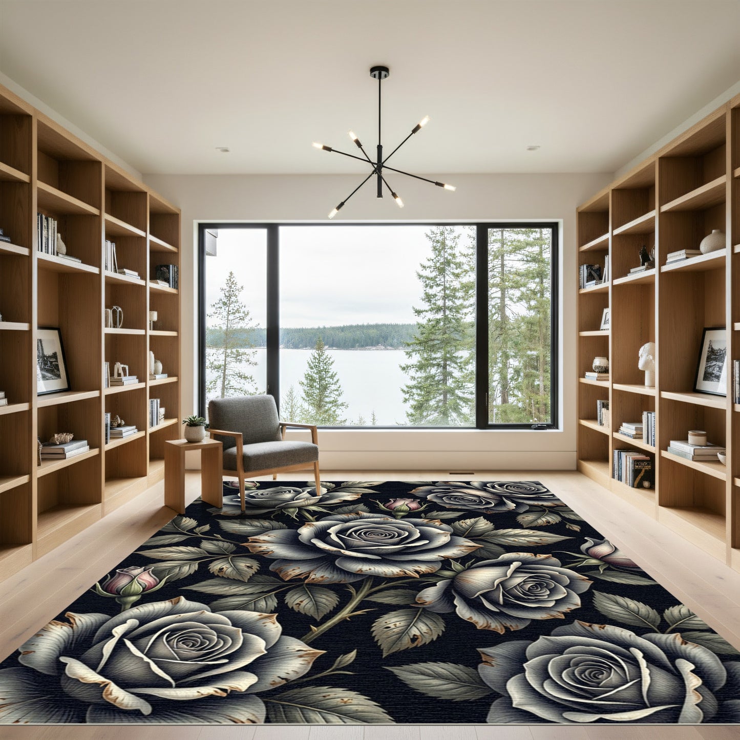 Monochromatic Roses Dark Floral Wallpaper Rug