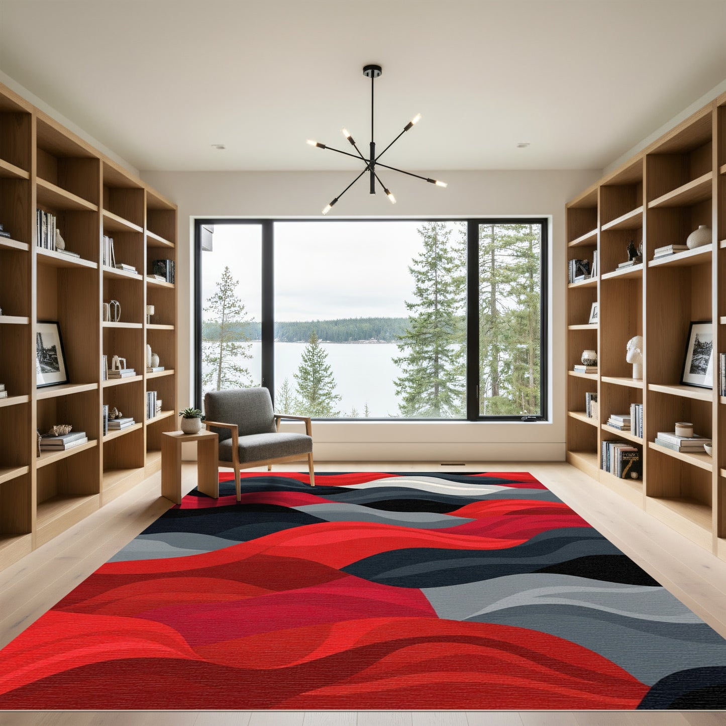 Red Gray Black Abstract Waves Rug