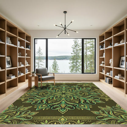 Vibrant Emerald Green Paisley Mandala Rug