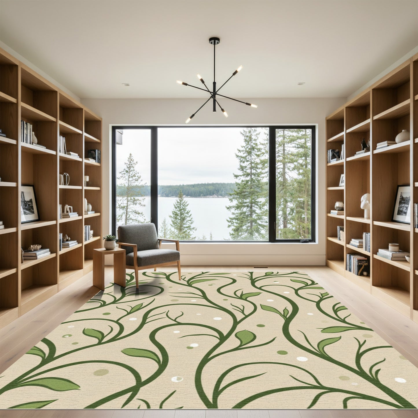 Green Vine Swirls Beige Backdrop Rug