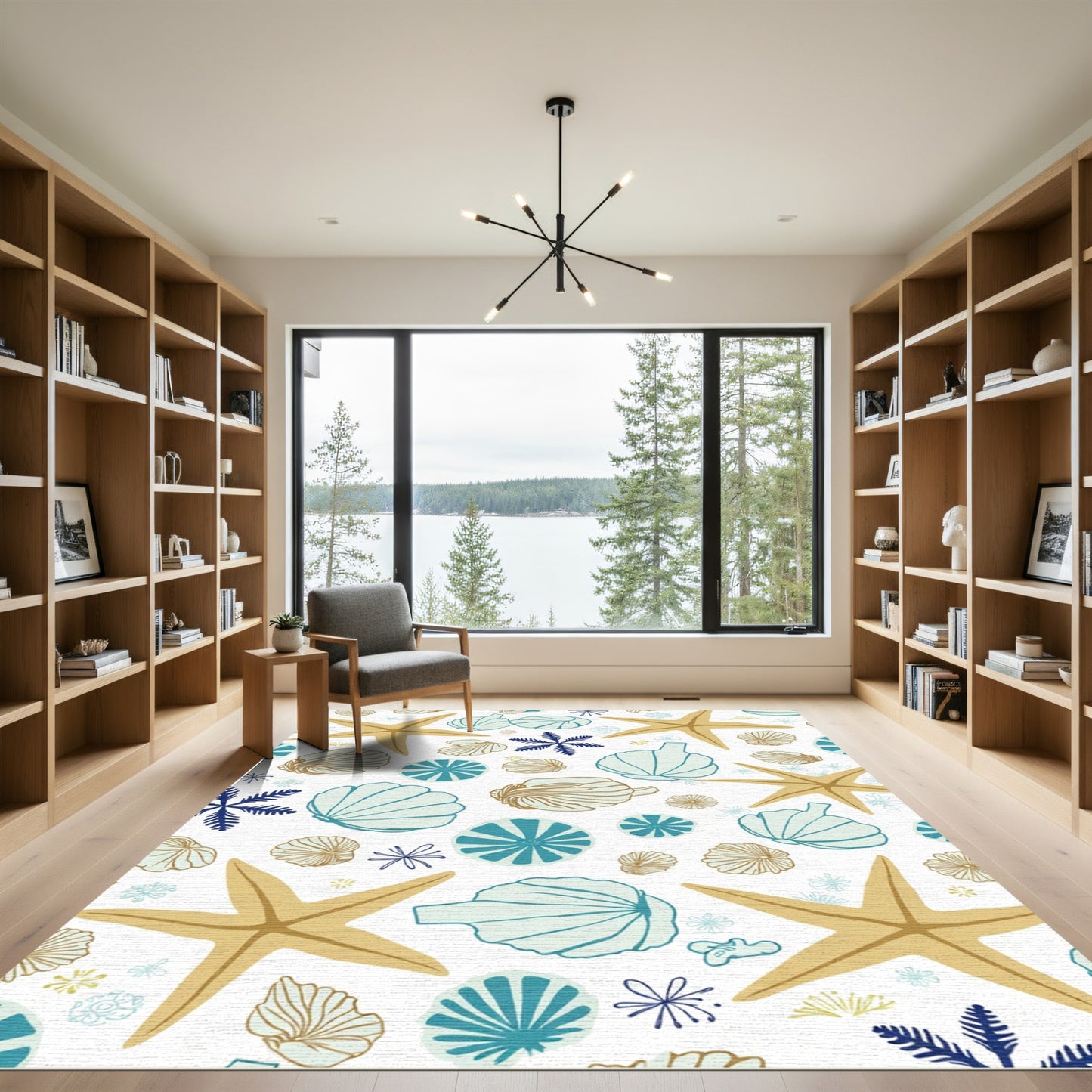 Beige Teal Starfish Shell Collection Rug