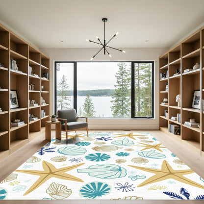 Beige Teal Starfish Shell Collection Rug